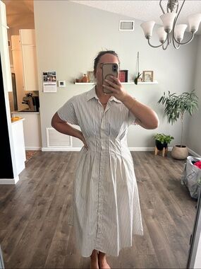 Nicole Miller White and Brown Striped Midi Shirt Dress